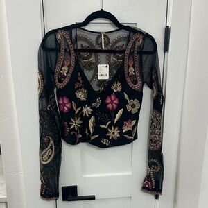 Free People Black Mesh Top with Floral Embroidery